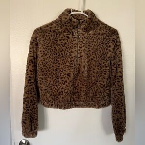 Faux Fur Leopard Print Cropped Jacket - Brown